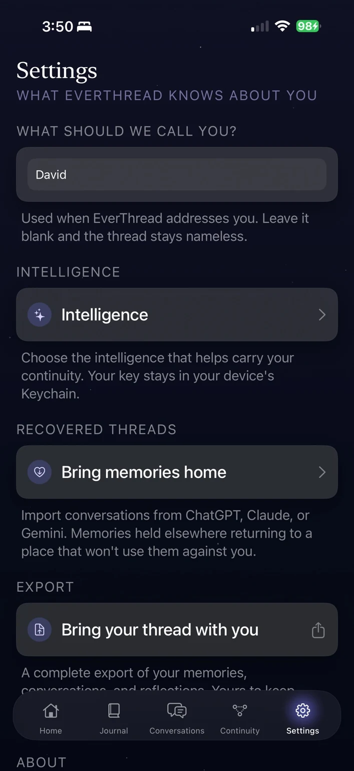 EverThread settings screen